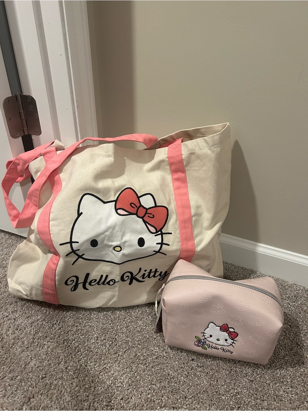 Sanrio Hello Kitty Cream Canvas Tote and Pink Cosmetic Pouch Set